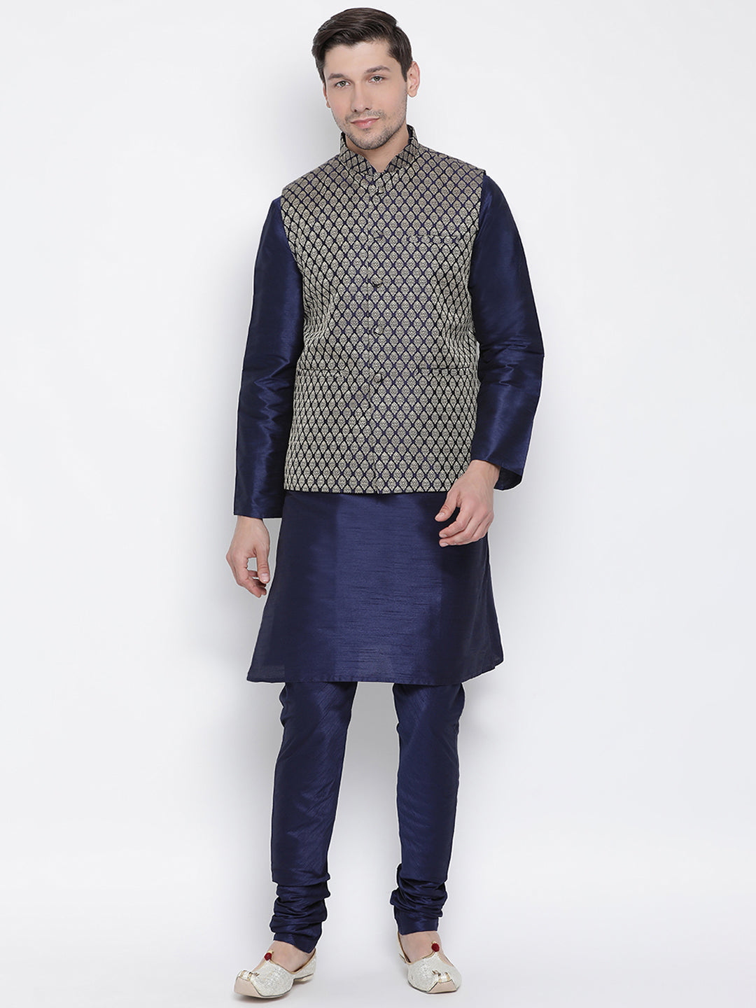 Sarvati Men's Dark Blue Cotton Silk Blend Kurta, Ethnic Jacket Style Pyjama Set