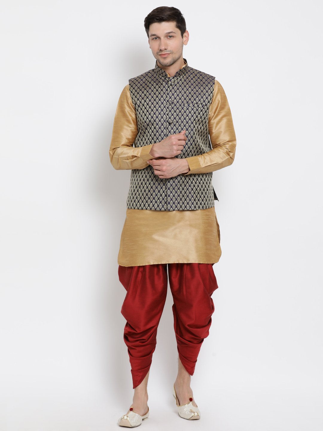 Sarvati Men's Blue Silk Blend Jacket With Curved Kurta Dhoti Set