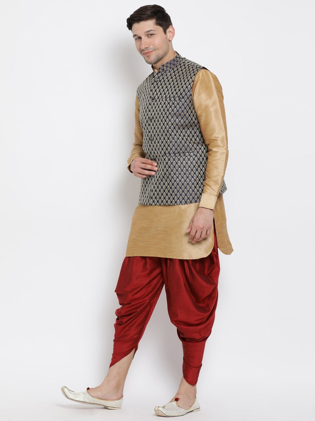 Sarvati Men's Blue Silk Blend Jacket With Curved Kurta Dhoti Set