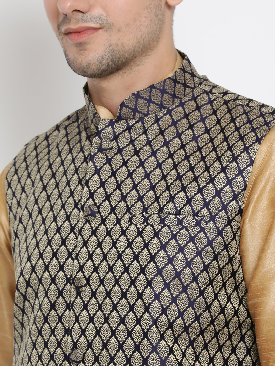 Sarvati Men's Blue Silk Blend Jacket With Curved Kurta Dhoti Set