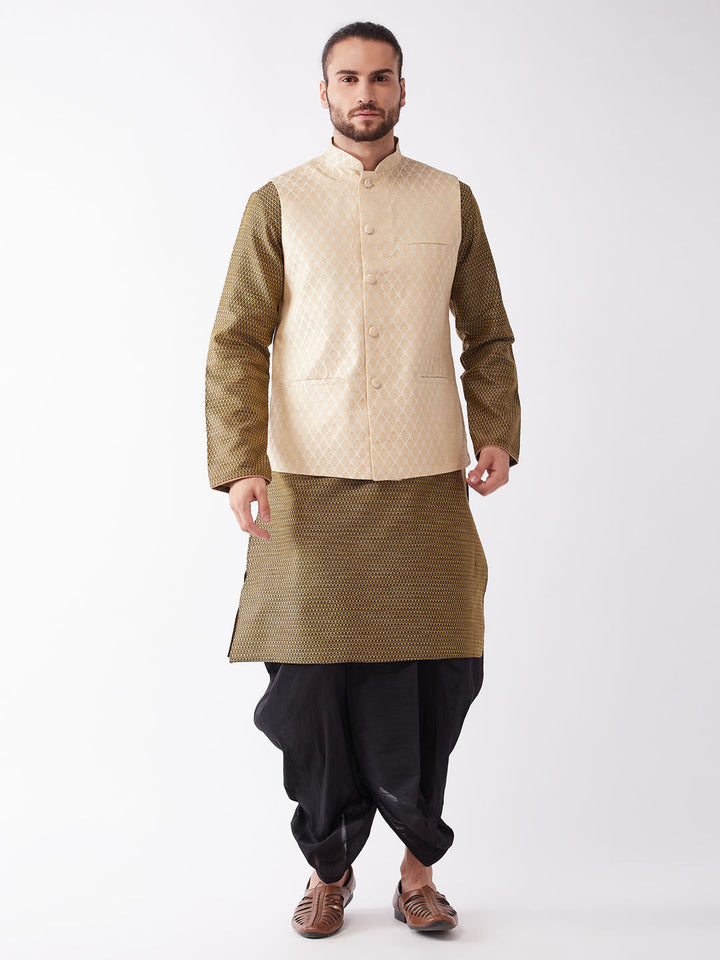 Sarvati Men's Cream Silk Blend Jacket With Kurta Dhoti Set