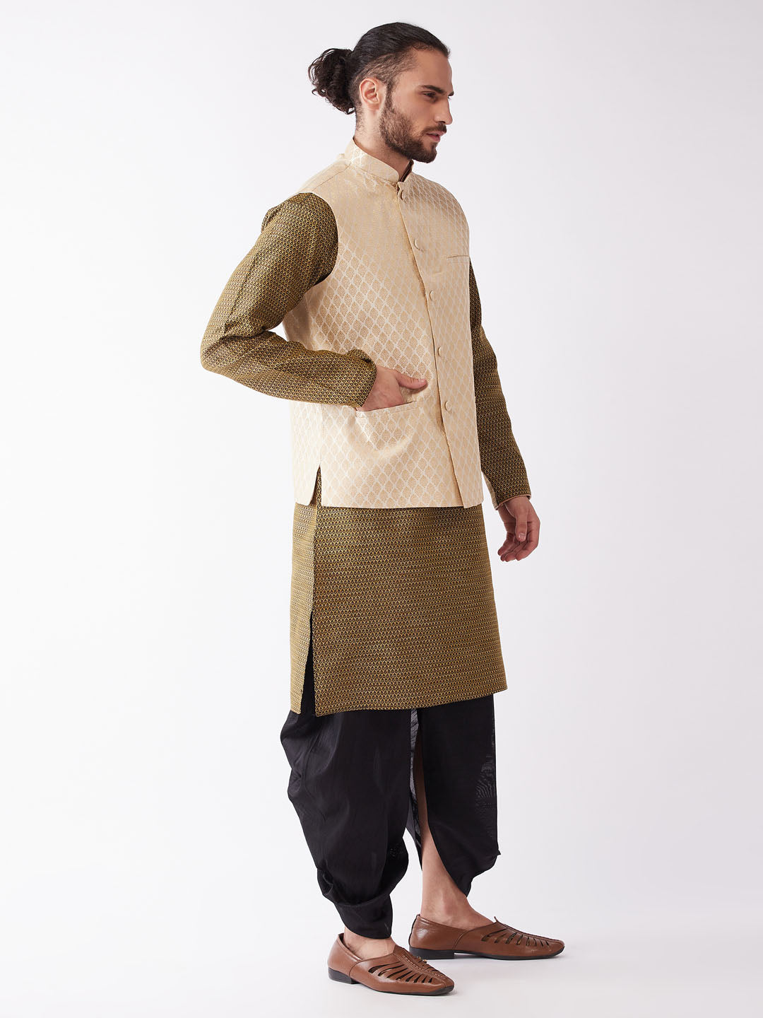 Sarvati Men's Cream Silk Blend Jacket With Kurta Dhoti Set