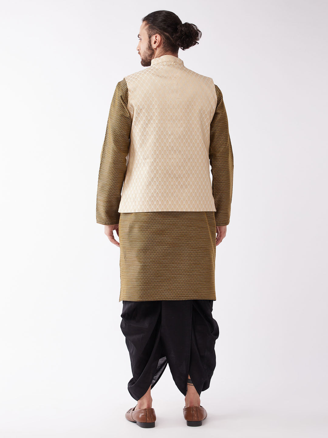 Sarvati Men's Cream Silk Blend Jacket With Kurta Dhoti Set