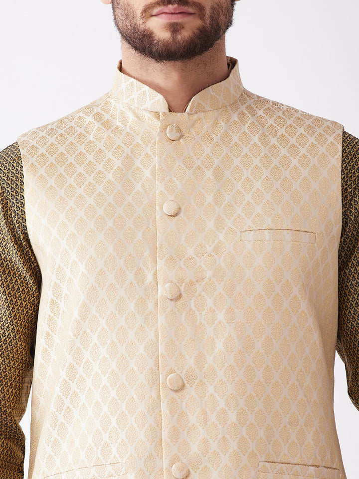 Sarvati Men's Cream Silk Blend Jacket With Kurta Dhoti Set