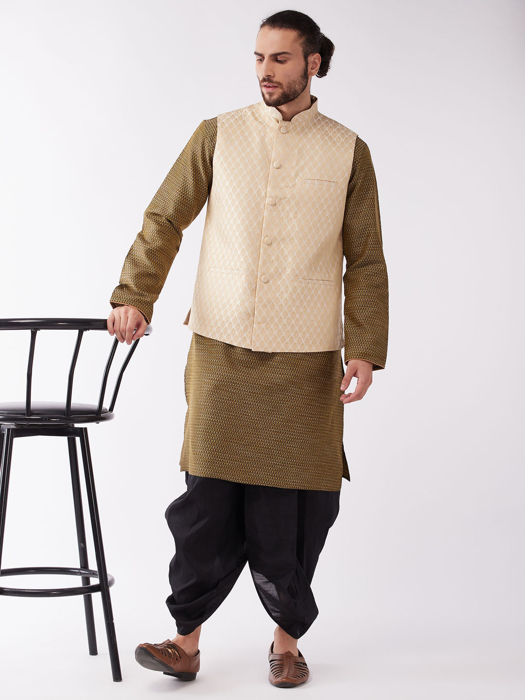 Sarvati Men's Cream Silk Blend Jacket With Kurta Dhoti Set