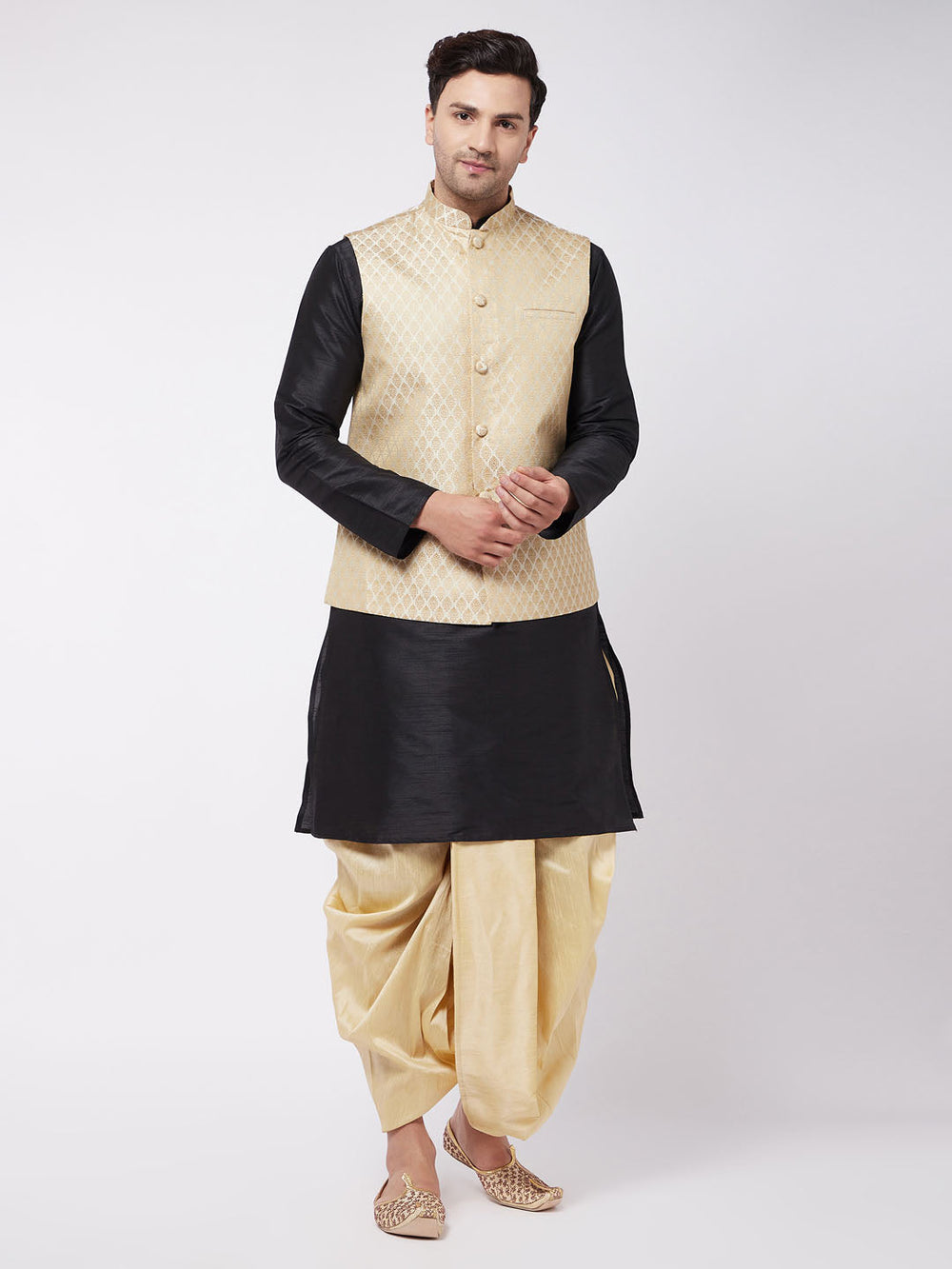 Sarvati Men's Black Silk Blend Jacket With Kurta Dhoti Set