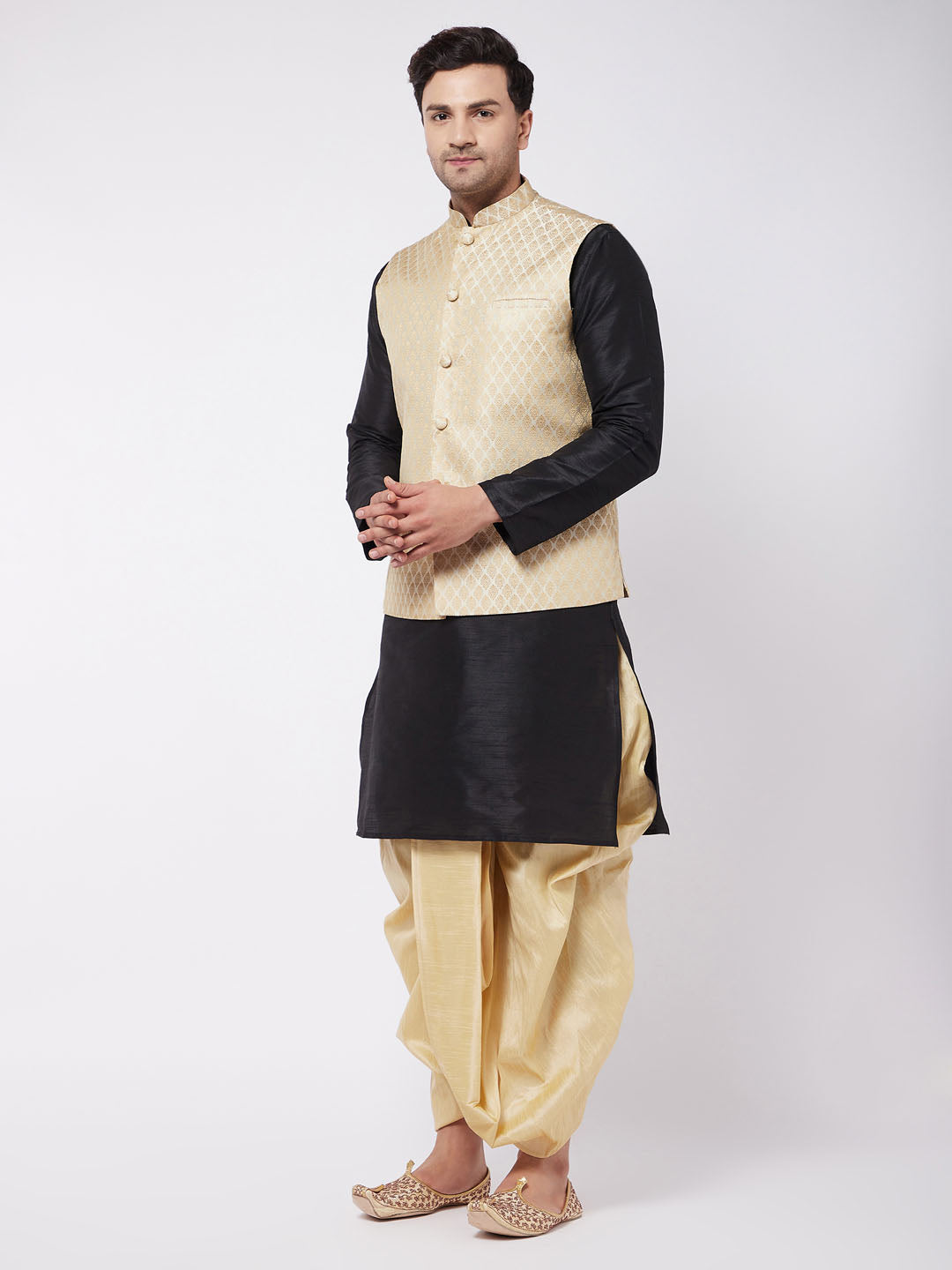 Sarvati Men's Black Silk Blend Jacket With Kurta Dhoti Set