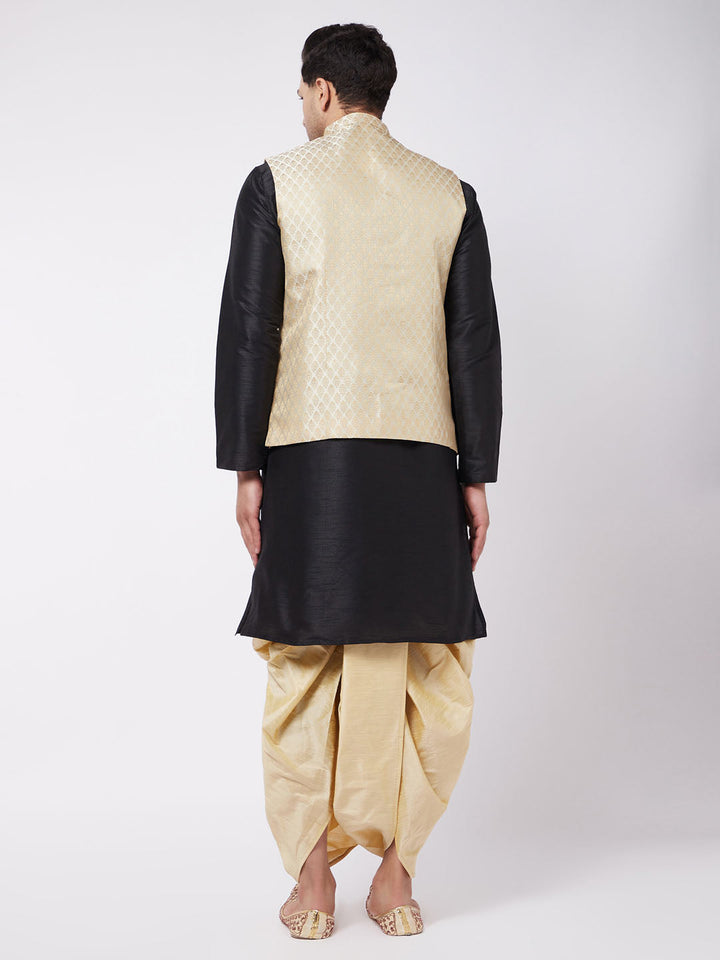 Sarvati Men's Black Silk Blend Jacket With Kurta Dhoti Set