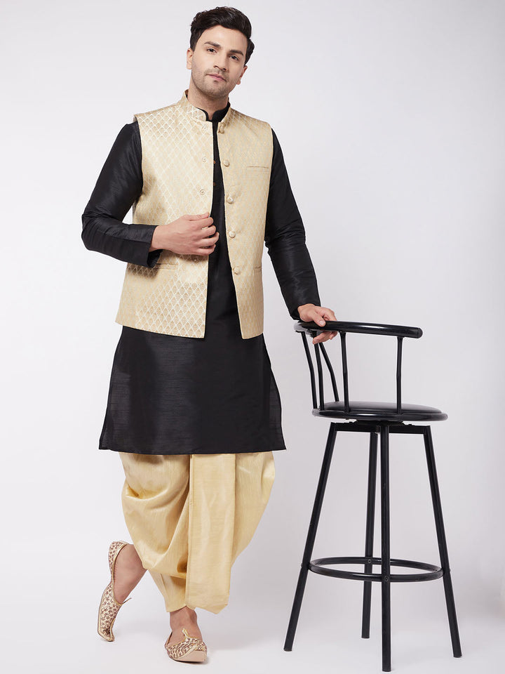 Sarvati Men's Black Silk Blend Jacket With Kurta Dhoti Set