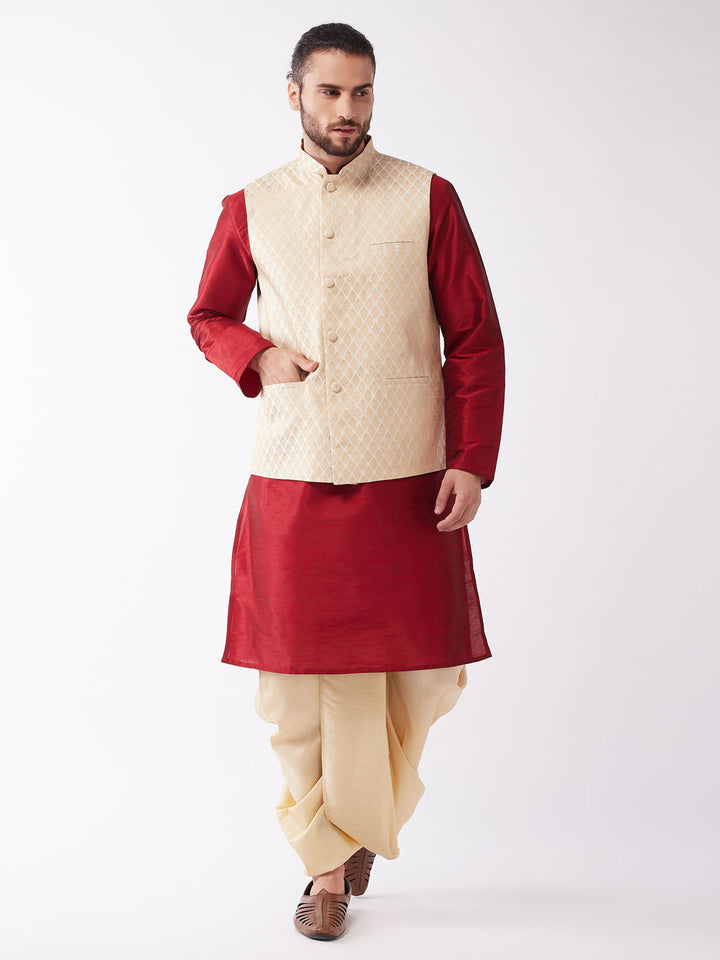 Sarvati Men's Maroon Silk Blend Jacket With Kurta Dhoti Set