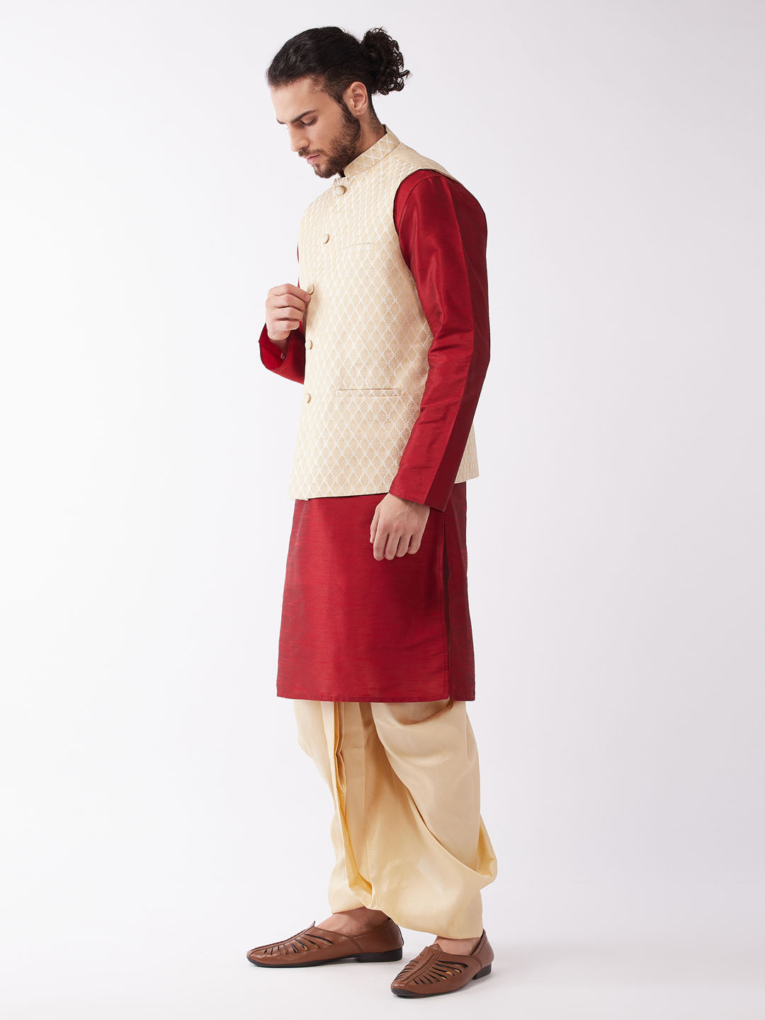 Sarvati Men's Maroon Silk Blend Jacket With Kurta Dhoti Set