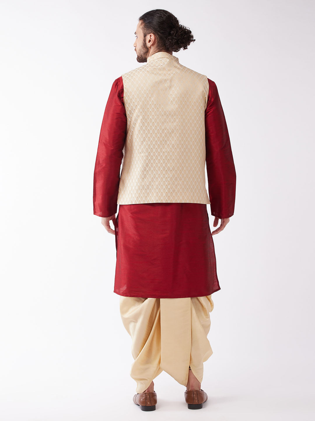 Sarvati Men's Maroon Silk Blend Jacket With Kurta Dhoti Set