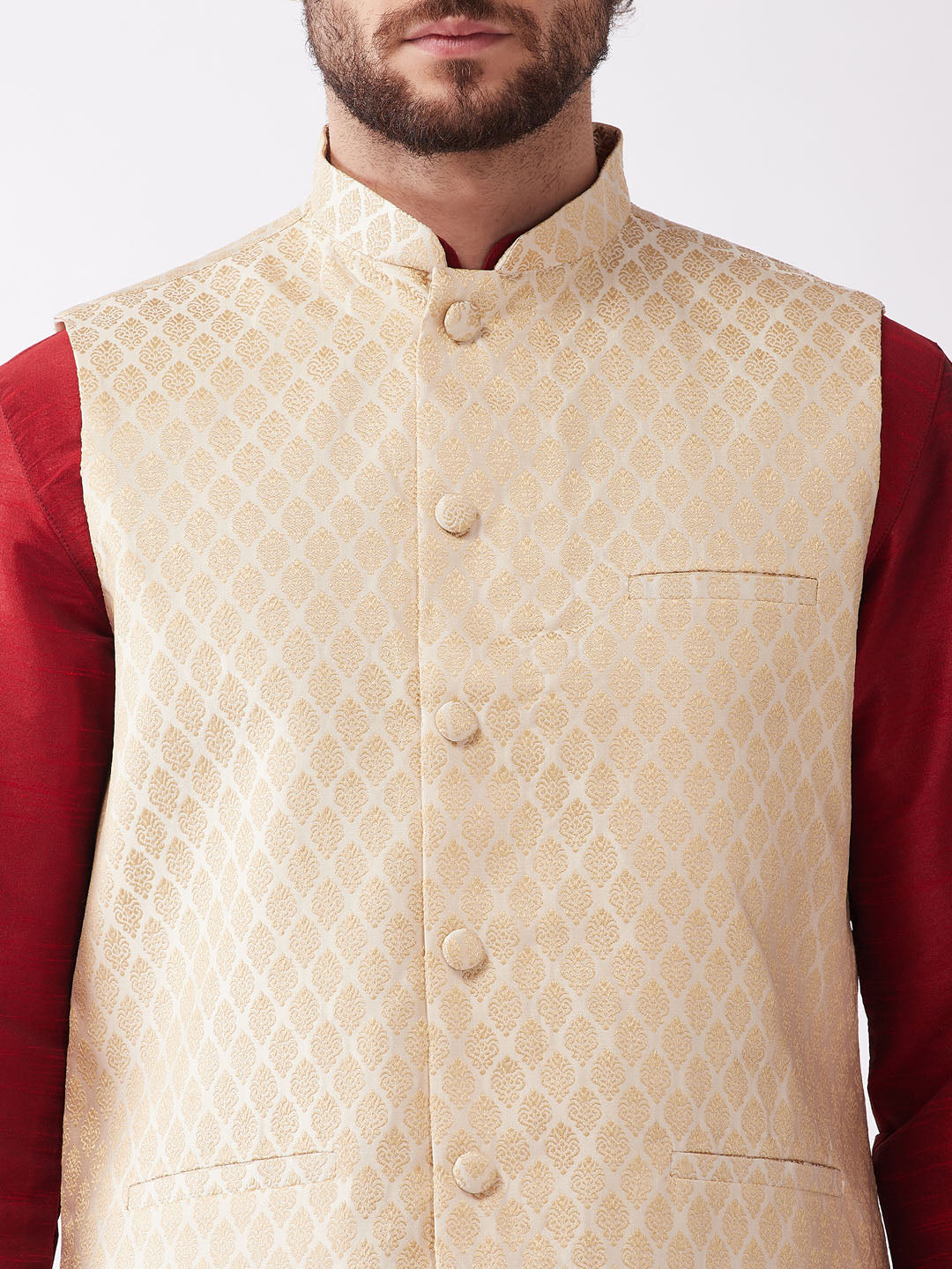 Sarvati Men's Maroon Silk Blend Jacket With Kurta Dhoti Set