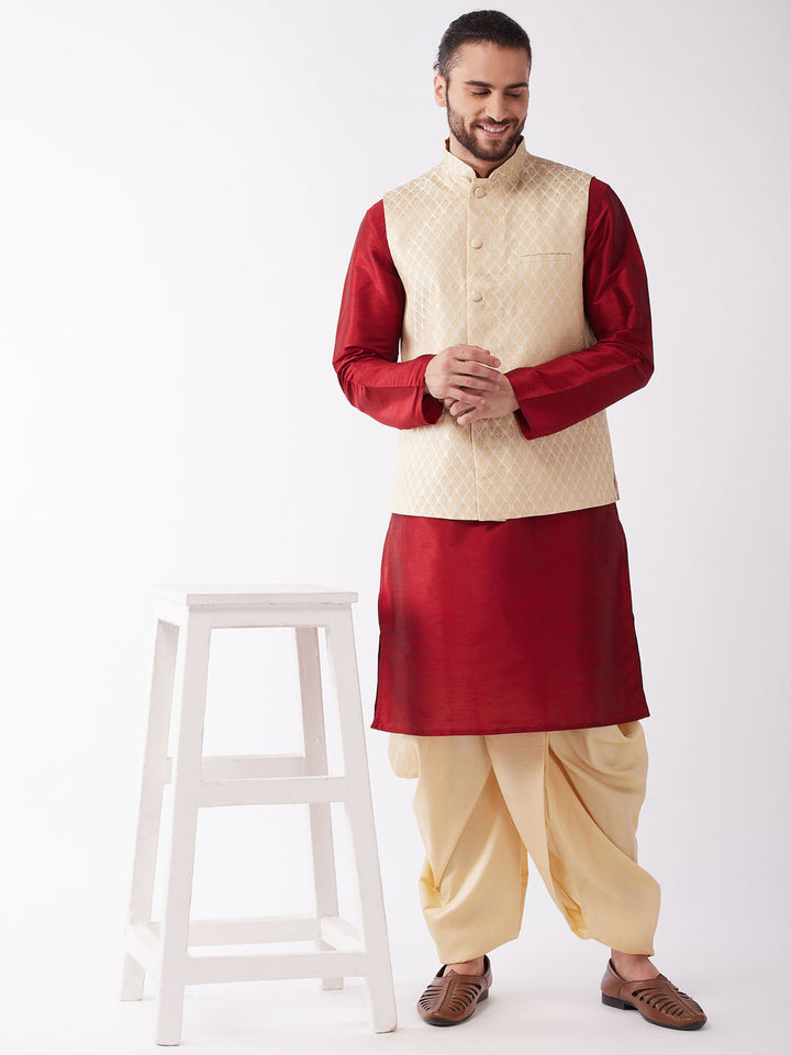 Sarvati Men's Maroon Silk Blend Jacket With Kurta Dhoti Set