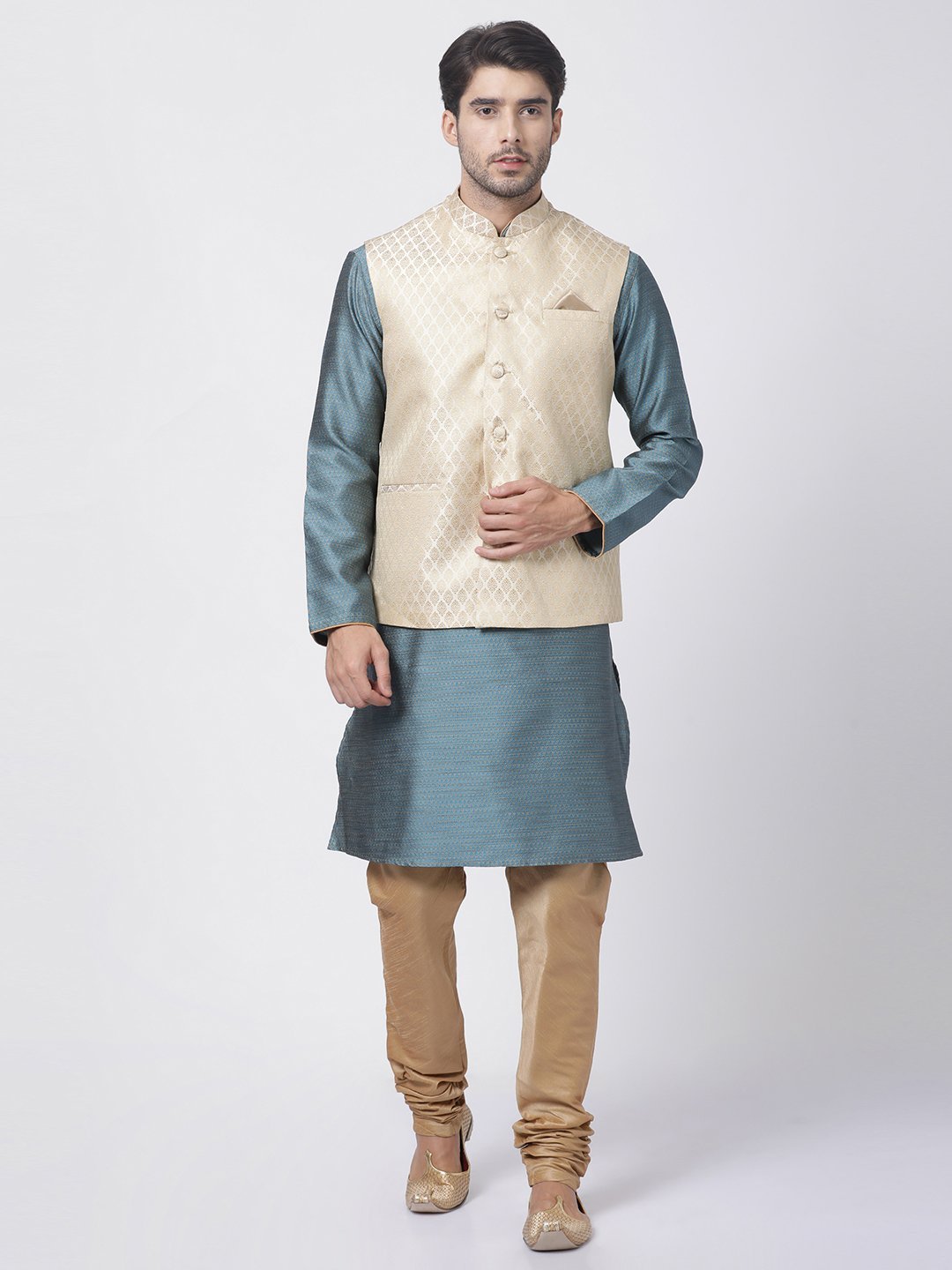 Sarvati Men's Cream Silk Blend Jacket With Kurta Pyjama Set