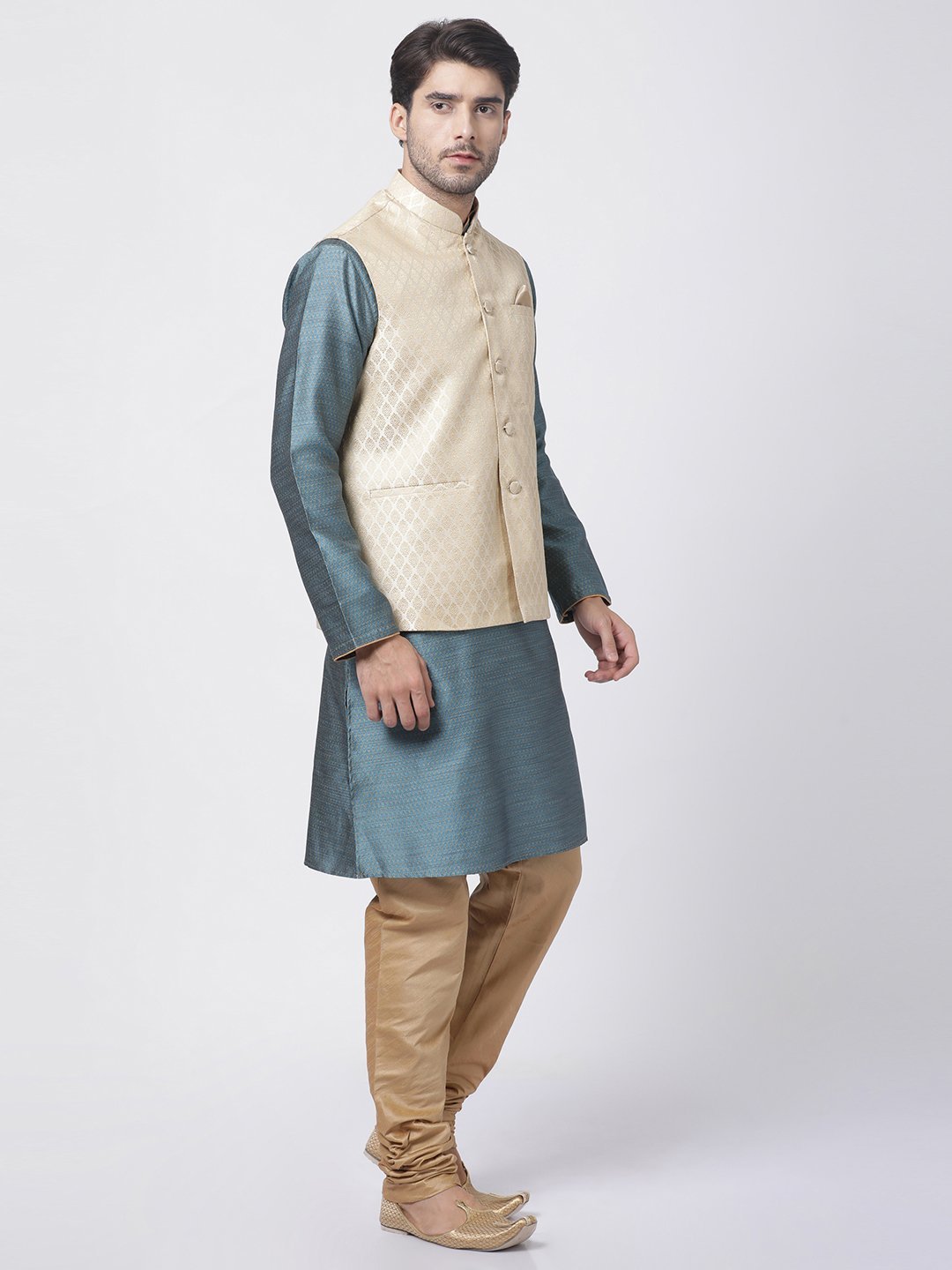 Sarvati Men's Cream Silk Blend Jacket With Kurta Pyjama Set