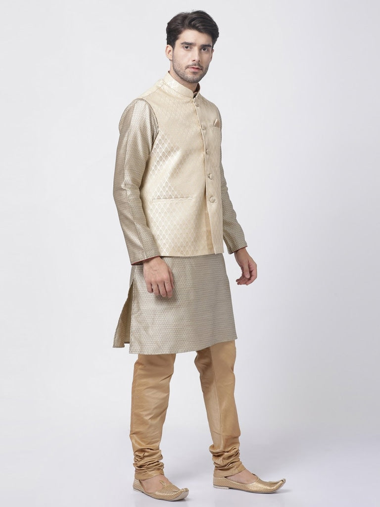 Sarvati Men's Beige Silk Blend Jacket With Kurta Pyjama Set