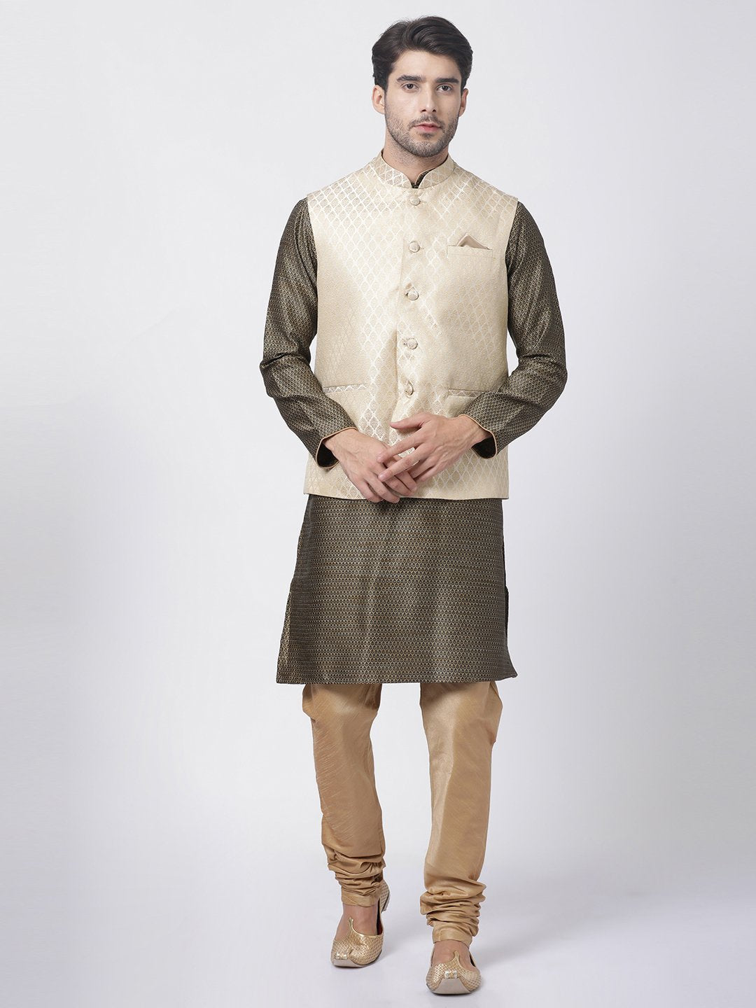 Sarvati Men's Cream Silk Blend Jacket With Kurta Pyjama Set