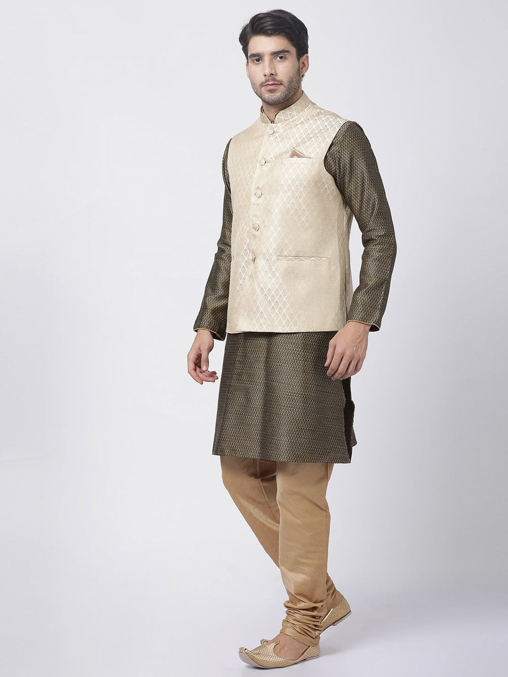 Sarvati Men's Cream Silk Blend Jacket With Kurta Pyjama Set