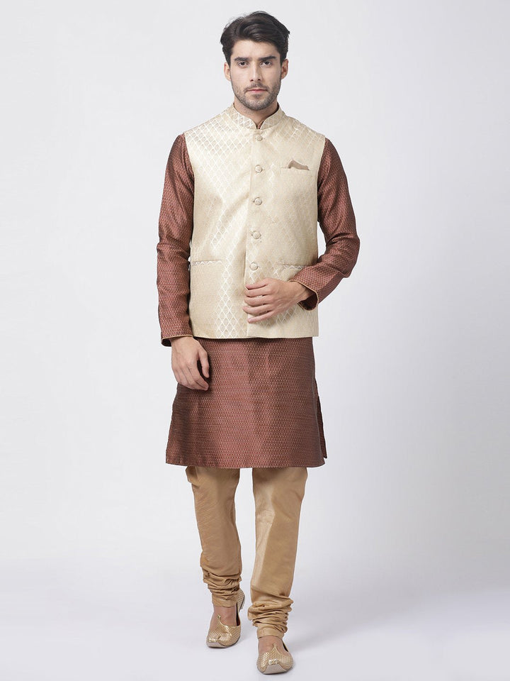 Sarvati Men's Cream Silk Blend Jacket With Kurta Pyjama Set