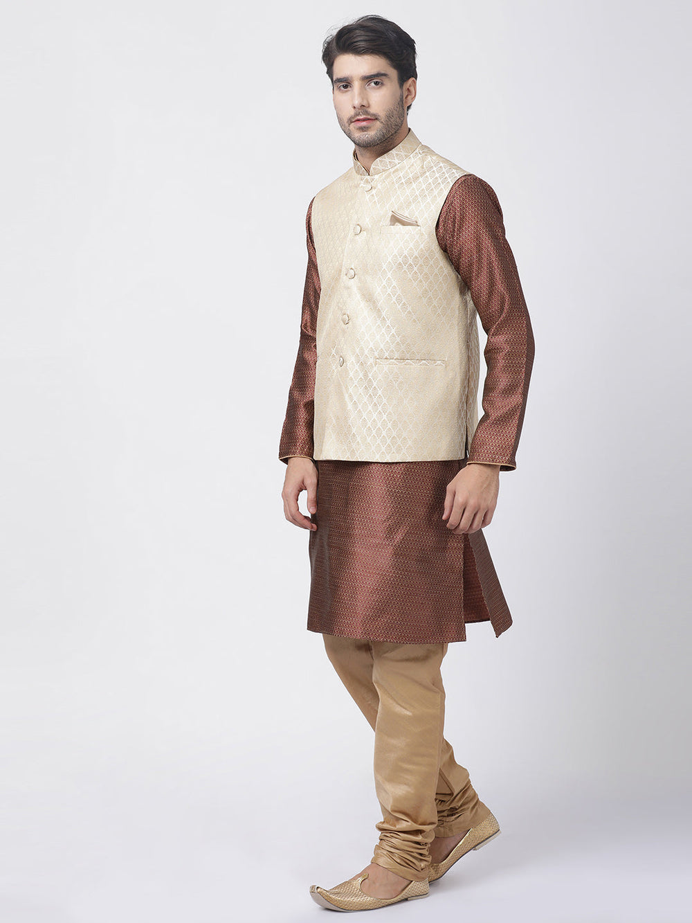 Sarvati Men's Cream Silk Blend Jacket With Kurta Pyjama Set