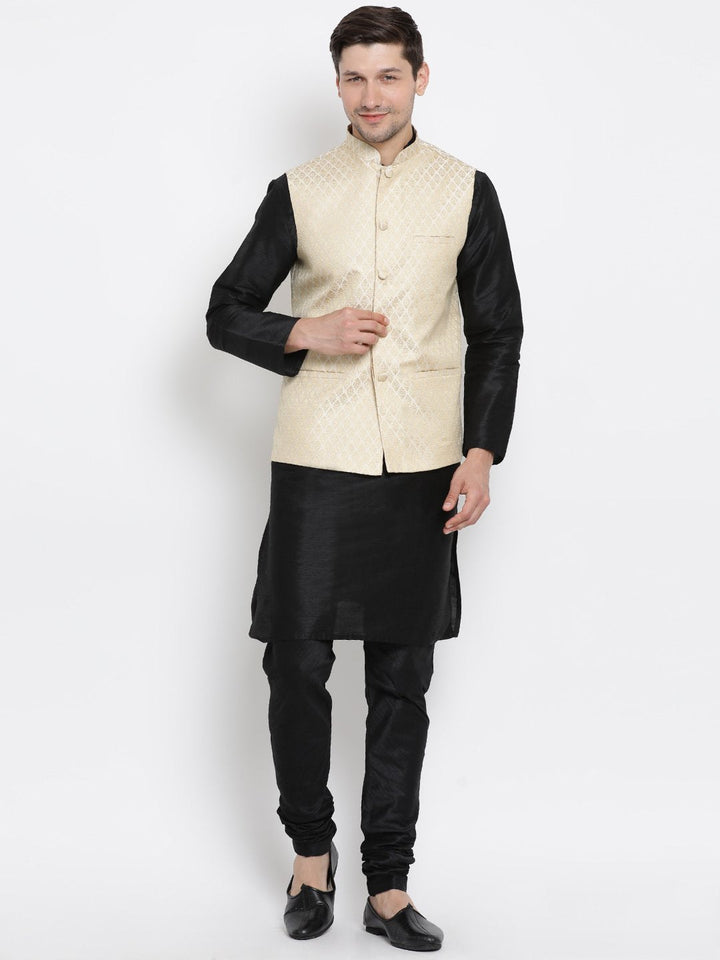 Sarvati Men's Cream Silk Blend Jacket With Kurta Pyjama Set