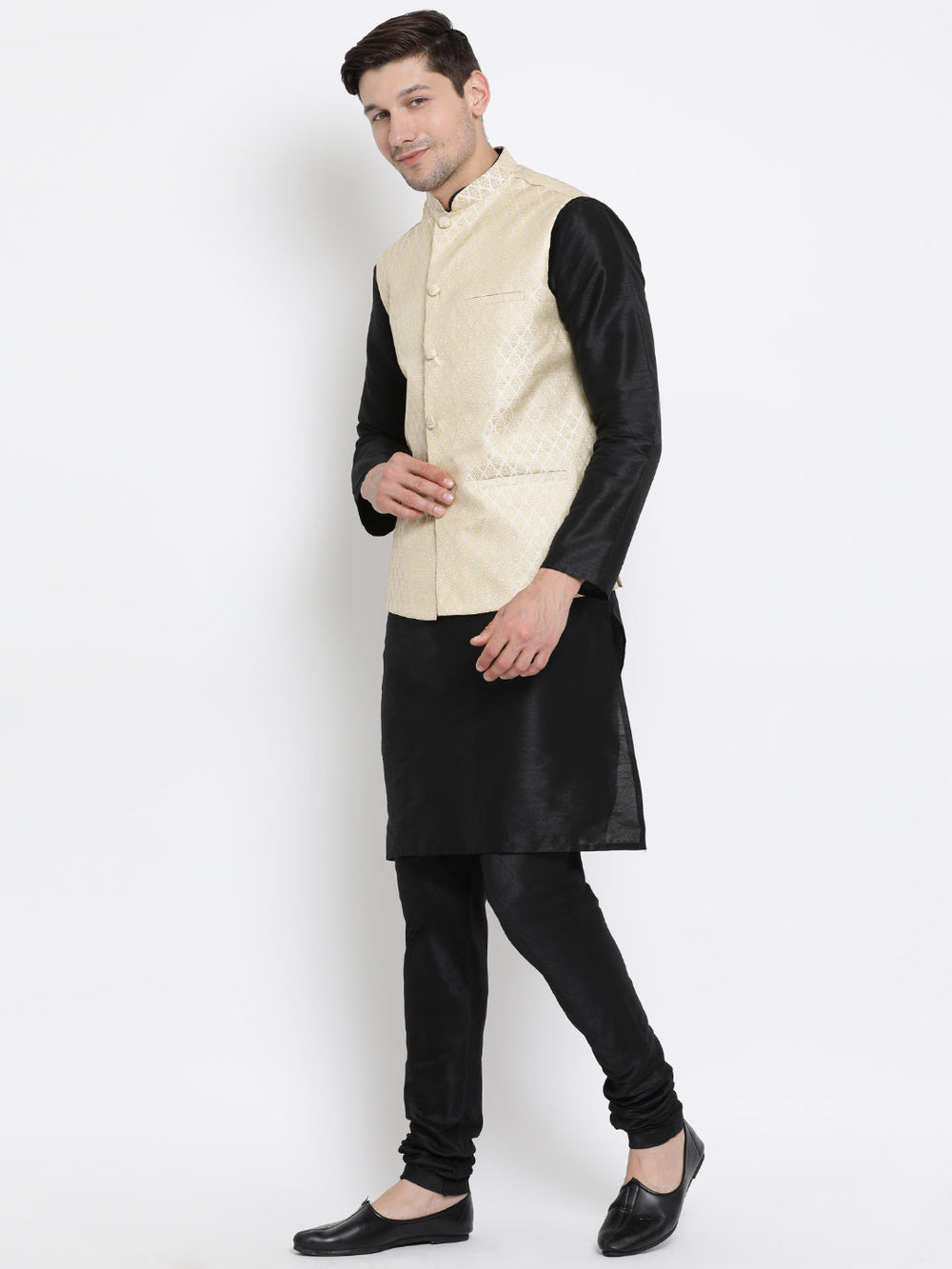 Sarvati Men's Cream Silk Blend Jacket With Kurta Pyjama Set