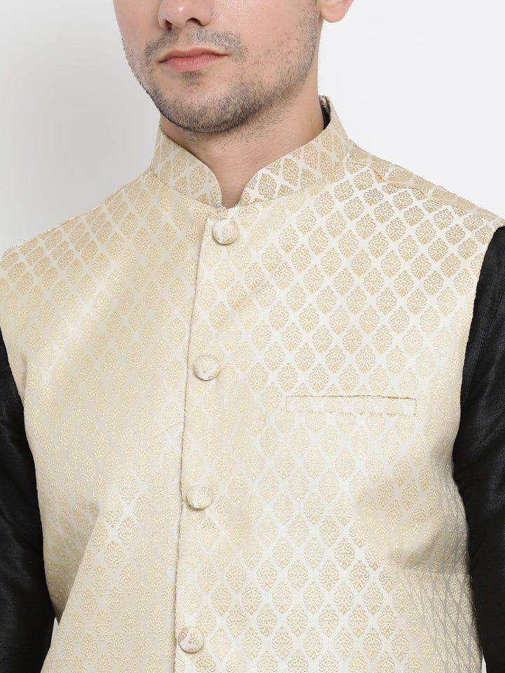 Sarvati Men's Cream Silk Blend Jacket With Kurta Pyjama Set