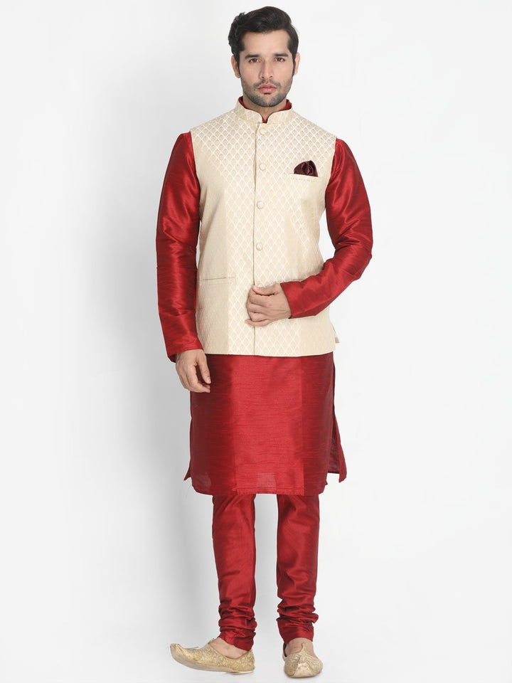 Sarvati Men's Cream Silk Blend Jacket With Kurta Pyjama Set