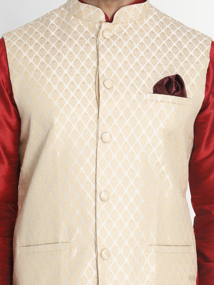 Sarvati Men's Cream Silk Blend Jacket With Kurta Pyjama Set