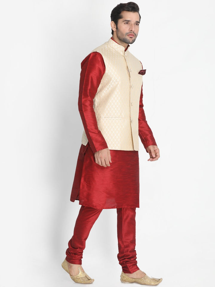 Sarvati Men's Cream Silk Blend Jacket With Kurta Pyjama Set