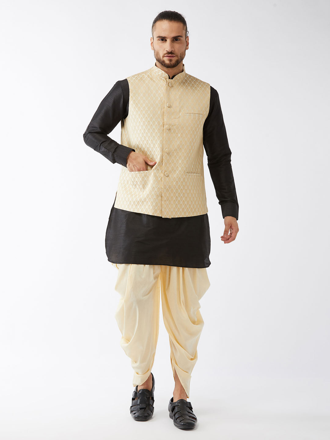 Sarvati Men's Cream Silk Blend Jacket With Curved Kurta Dhoti Set