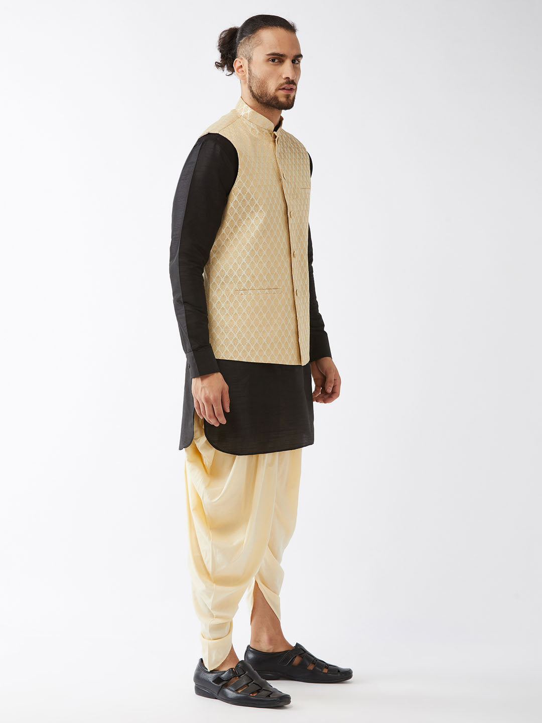 Sarvati Men's Cream Silk Blend Jacket With Curved Kurta Dhoti Set