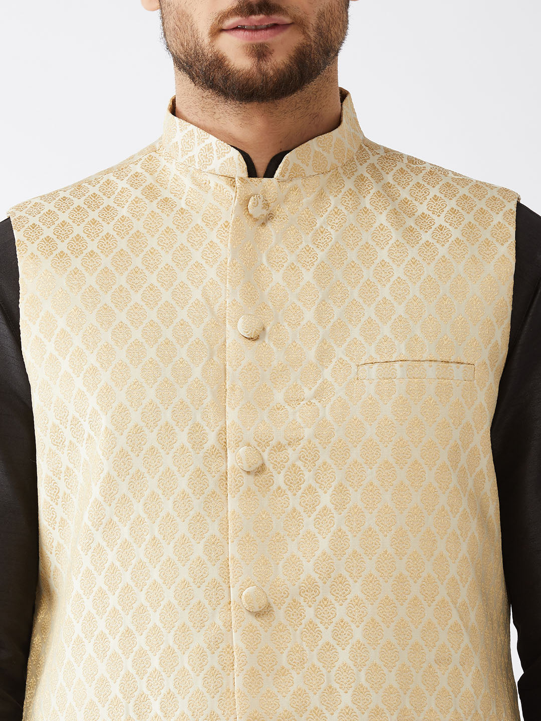 Sarvati Men's Cream Silk Blend Jacket With Curved Kurta Dhoti Set