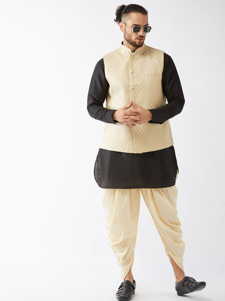 Sarvati Men's Cream Silk Blend Jacket With Curved Kurta Dhoti Set