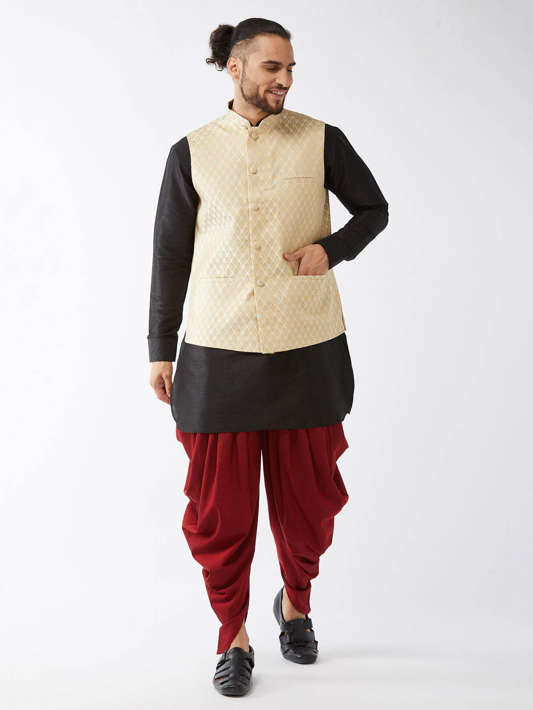 Sarvati Men's Cream Silk Blend Jacket With Curved Kurta Dhoti Set