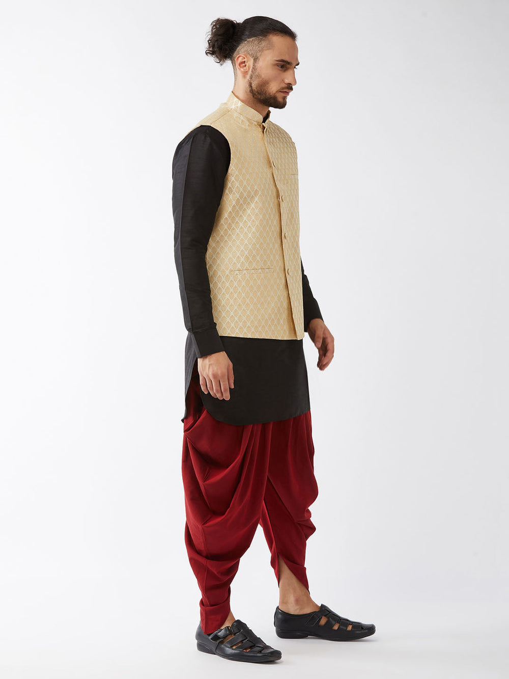 Sarvati Men's Cream Silk Blend Jacket With Curved Kurta Dhoti Set