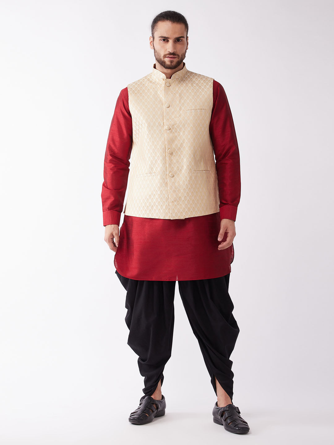 Sarvati Men's Gold Silk Blend Jacket With Curved Kurta Dhoti Set