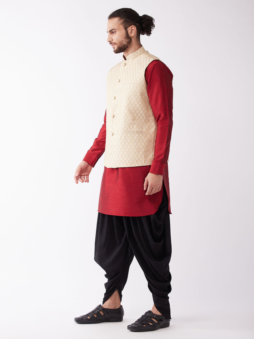 Sarvati Men's Gold Silk Blend Jacket With Curved Kurta Dhoti Set