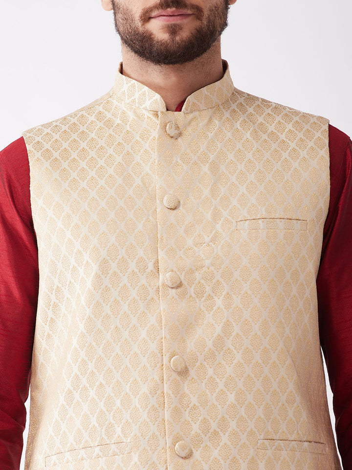 Sarvati Men's Gold Silk Blend Jacket With Curved Kurta Dhoti Set