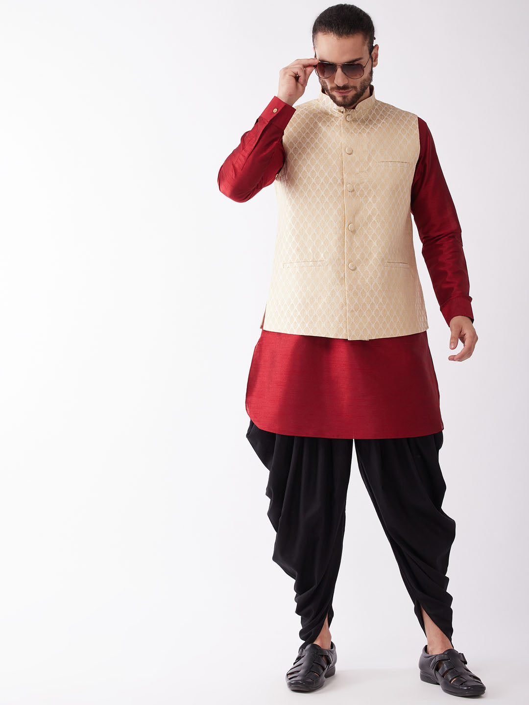 Sarvati Men's Gold Silk Blend Jacket With Curved Kurta Dhoti Set