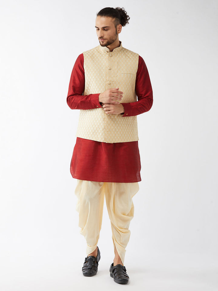 Sarvati Men's Cream Silk Blend Jacket With Curved Kurta Dhoti Set