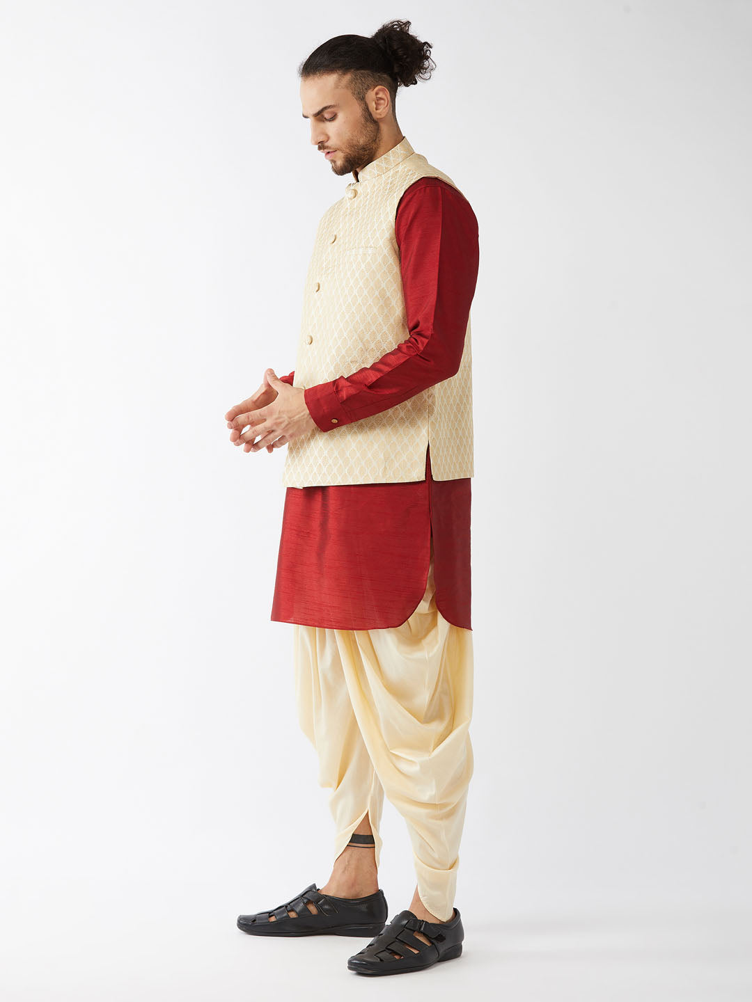 Sarvati Men's Cream Silk Blend Jacket With Curved Kurta Dhoti Set