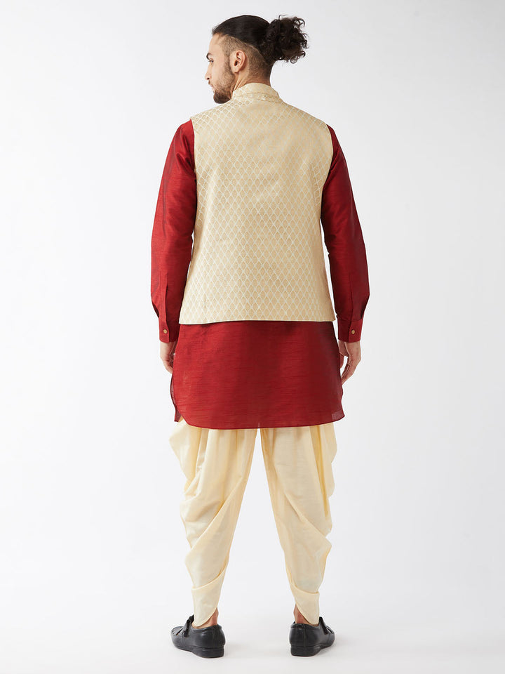 Sarvati Men's Cream Silk Blend Jacket With Curved Kurta Dhoti Set