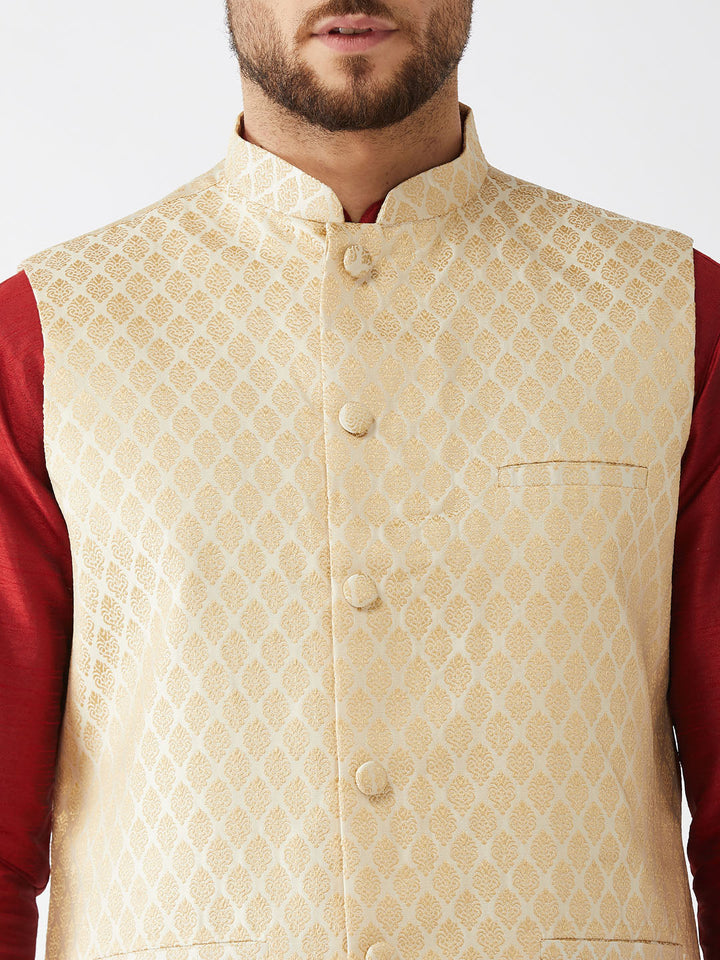 Sarvati Men's Cream Silk Blend Jacket With Curved Kurta Dhoti Set