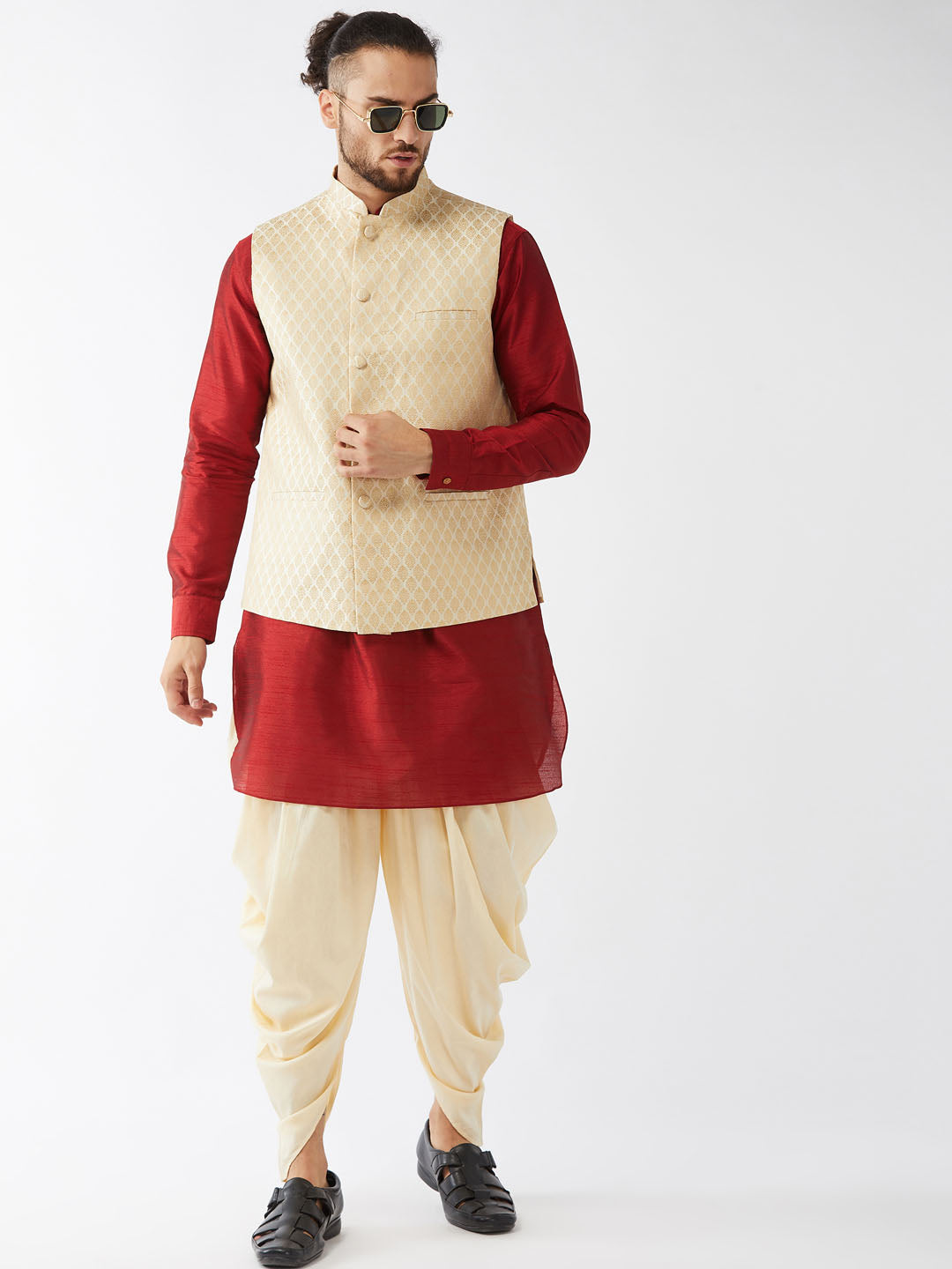 Sarvati Men's Cream Silk Blend Jacket With Curved Kurta Dhoti Set