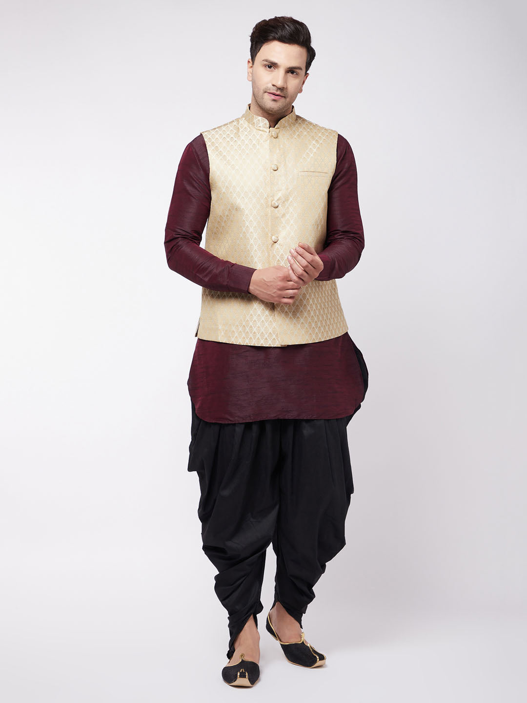 Sarvati Men's Cream Silk Blend Jacket With Curved Kurta Dhoti Set