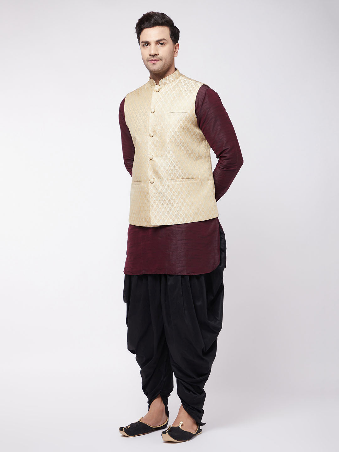 Sarvati Men's Cream Silk Blend Jacket With Curved Kurta Dhoti Set