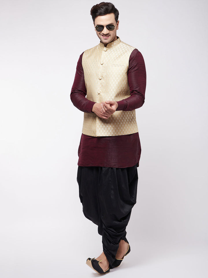 Sarvati Men's Cream Silk Blend Jacket With Curved Kurta Dhoti Set