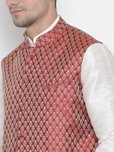 Sarvati Men's Maroon Silk Blend Jacket With Kurta Pyjama Set